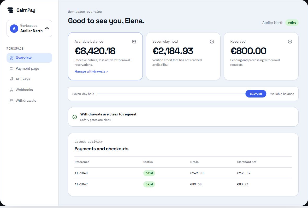 CairnPay’s Atelier North sample dashboard with available, held and reserved balances and recent payment activity.